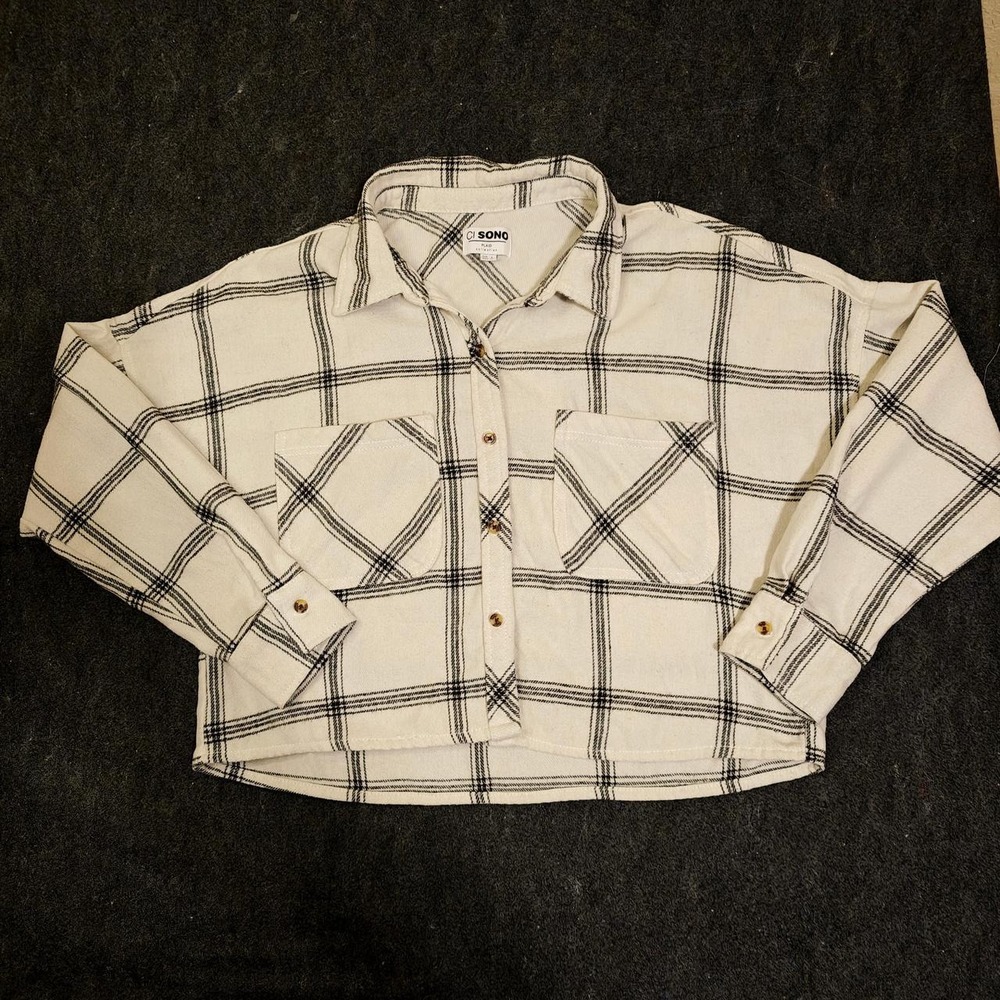 Ci Sono Plaid Button Up Flannel Shirt White Black PTP75 Womens Small